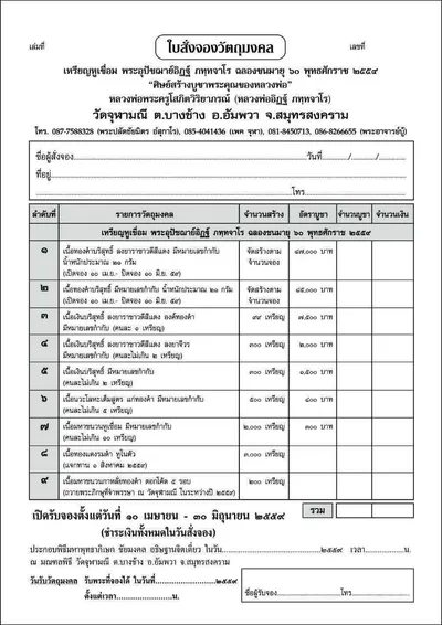 ใบสั่งจองวัตถุมงคล เหรียญหูเชื่อม พระอุปัชฌาย์อิฏฐ์ ฉลองชนมายุ ๖๐ ปี (แบบฟอร์มของวัดจุฬามณี ปี ๒๕๕๙)