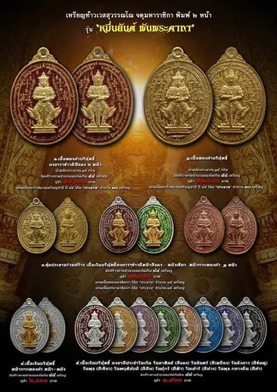 เหรียญท้าวเวสสุวรรณโณ จตุมหาราชิกา พิมพ์ ๒ หน้า รุ่นหมื่นยันต์ พันพระคาถา วัดจุฬามณี ปี ๒๕๖๑ — ภาพถ่ายเหรียญเนื้อต่างๆ คทาวุธ และเอกสารการจัดสร้าง