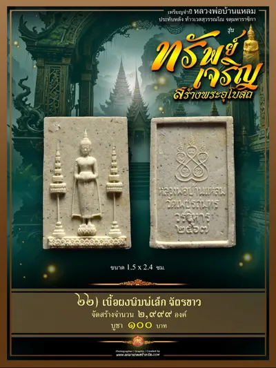 เหรียญจำปีหลวงพ่อบ้านแหลม ประทับหลังท้าวเวสสุวรรณโณ รุ่นทรัพย์เจริญ วัดเพชรสมุทรวรวิหาร–วัดจุฬามณี ปี ๒๕๖๖ — ภาพถ่ายเหรียญเนื้อต่างๆ พระผงสมเด็จ และรายการจัดสร้าง