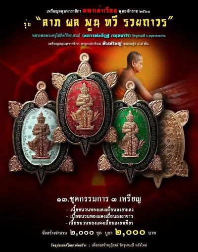 เหรียญจตุมหาราชิกา พญาเต่าเรือน รุ่น ลาภ ผล พูน ทวี รวยถาวร วัดจุฬามณี ปี ๒๕๖๓ — โปสเตอร์เนื้อต่างๆ พร้อมจำนวนจัดสร้างและราคาบูชา และใบรายการบูชาวัตถุมงคล