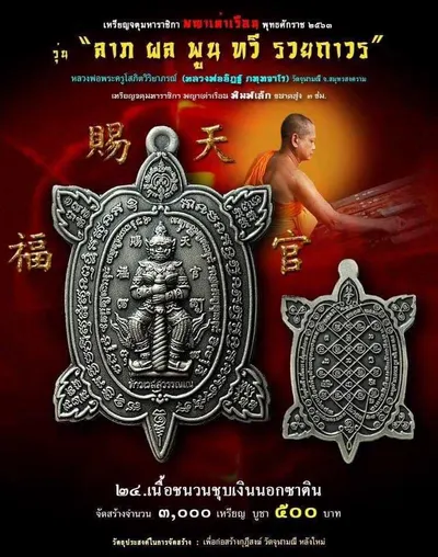 เหรียญจตุมหาราชิกา พญาเต่าเรือน รุ่น ลาภ ผล พูน ทวี รวยถาวร วัดจุฬามณี ปี ๒๕๖๓ — โปสเตอร์เนื้อต่างๆ พร้อมจำนวนจัดสร้างและราคาบูชา และใบรายการบูชาวัตถุมงคล