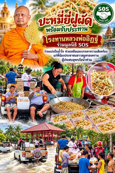 โปสเตอร์ บะหมี่ยี่ฝู้ผัดพร้อมรับประทาน — โรงทานหลวงพ่ออิฏฐ์ ร่วมมูลนิธิ SOS ร่วมแบ่งปันน้ำใจ ช่วยเหลือและบรรเทาความเดือดร้อนแก่พี่น้องประชาชนชาวสมุทรสงคราม ผู้ประสบอุทกภัยน้ำท่วม