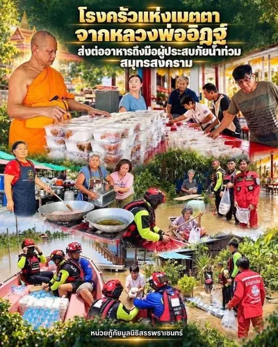 อินโฟกราฟิก โรงครัวแห่งเมตตาจากหลวงพ่ออิฏฐ์ ส่งต่ออาหารถึงมือผู้ประสบภัยน้ำท่วม สมุทรสงคราม — หน่วยกู้ภัยมูลนิธิสรรพราเชนทร์