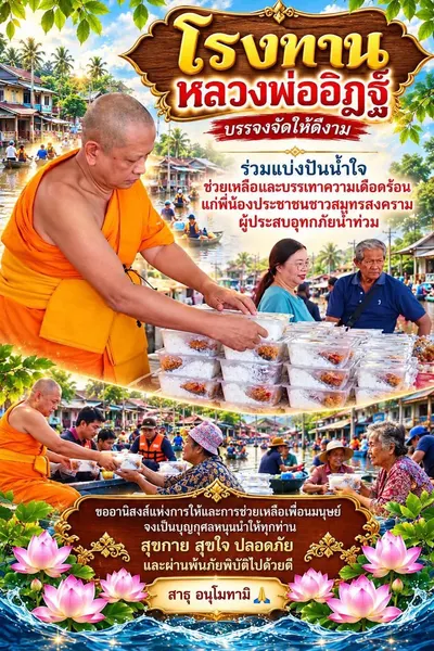 โปสเตอร์ โรงทานหลวงพ่ออิฏฐ์ ร่วมแบ่งปันน้ำใจ ช่วยเหลือและบรรเทาความเดือดร้อนแก่พี่น้องประชาชนชาวสมุทรสงคราม ผู้ประสบอุทกภัยน้ำท่วม